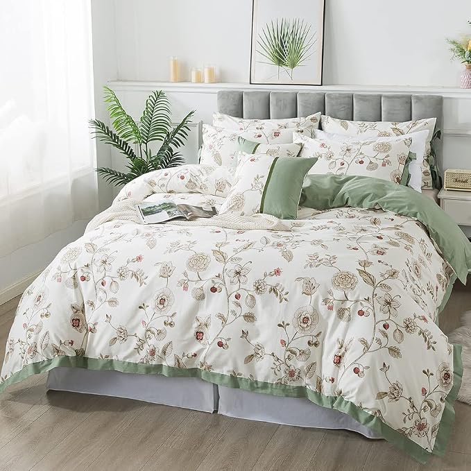 FADFAY Floral Bedding Set Queen 100% Cotton Shabby and Chic Beige Green - Image 9