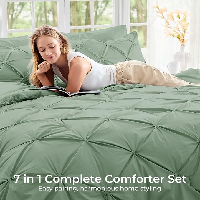 Sasttie Queen Comforter Set, 7-Piece Bed in a Bag, Pintuck Bedding Sets - Image 6