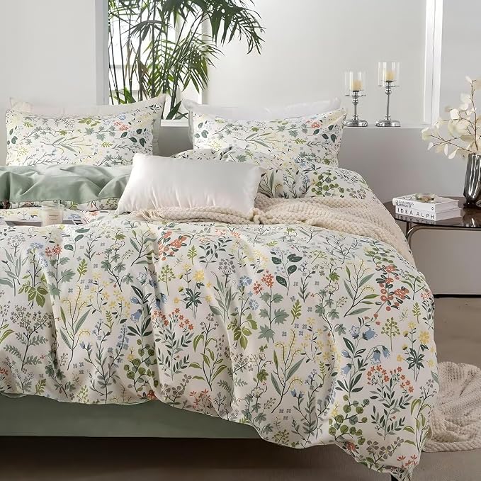 MKXI Wildflower Duvet Cover Set Sage Green Spring Floral Bedding Set Rustic - Image 4