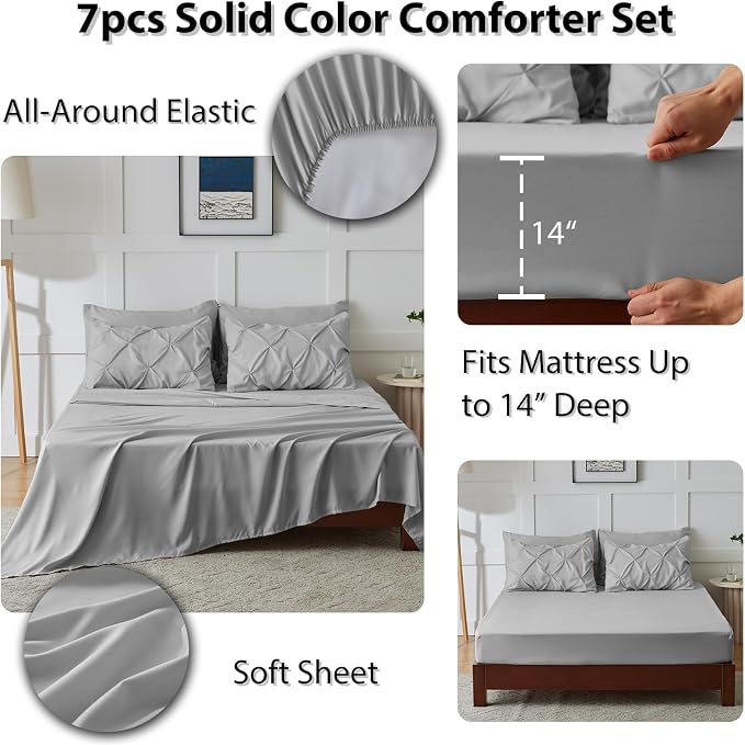CozyLux Full Size Comforter Sets Light Grey, 7 Pieces Pintuck Bed in A Bag Gray - Image 6