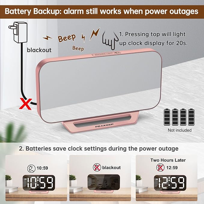 Peakeep Slim Digital Mirror Aesthetic Alarm Clock - Image 5