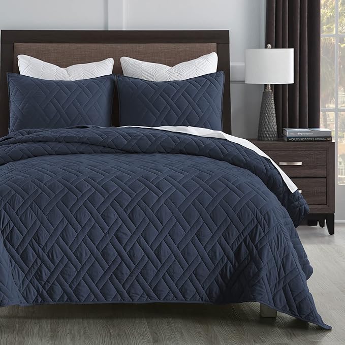 HORIMOTE HOME Quilt Set Twin Size Navy Blue, Classic Geometric Diamond Stitched by HORIMOTEHOME