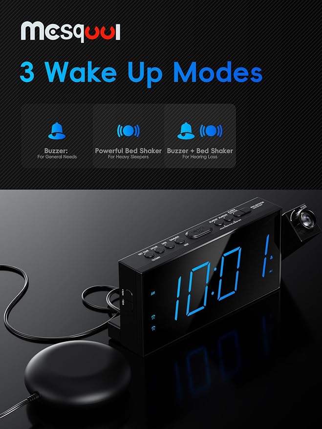 Mesqool Projection Alarm Clock, Loud Vibrating Alarm Clock - Image 5