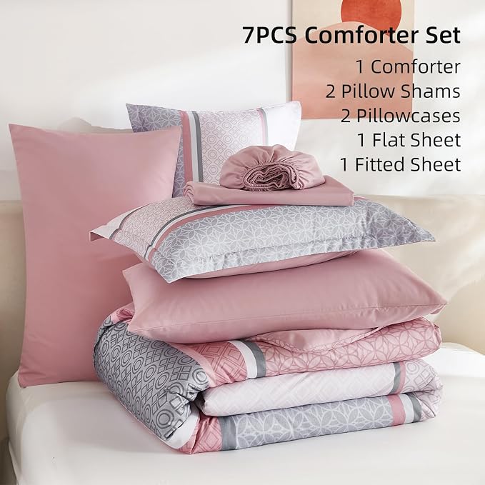 WONGS BEDDING Pink King Comforter Set 7 Pieces, Boho Striped Bed in a Bag Queen - Image 6