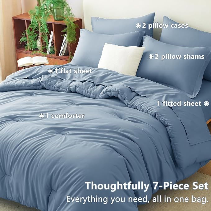 CozyLux Queen Comforter Set Grayish Blue, 7 Pieces Bed in a Bag Queen Comforter - Image 6