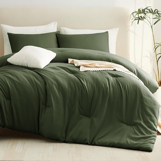 CozyLux Super King Plus Comforter Set Olive Green, 3 Pieces 128x120 Solid - Image 9