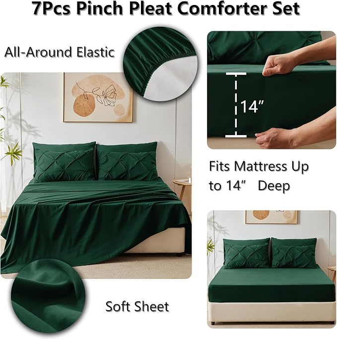 HIMEET Pintuck Bed in a Bag, 7 Pieces Full Size Comforter Set Emerald Green - Image 6