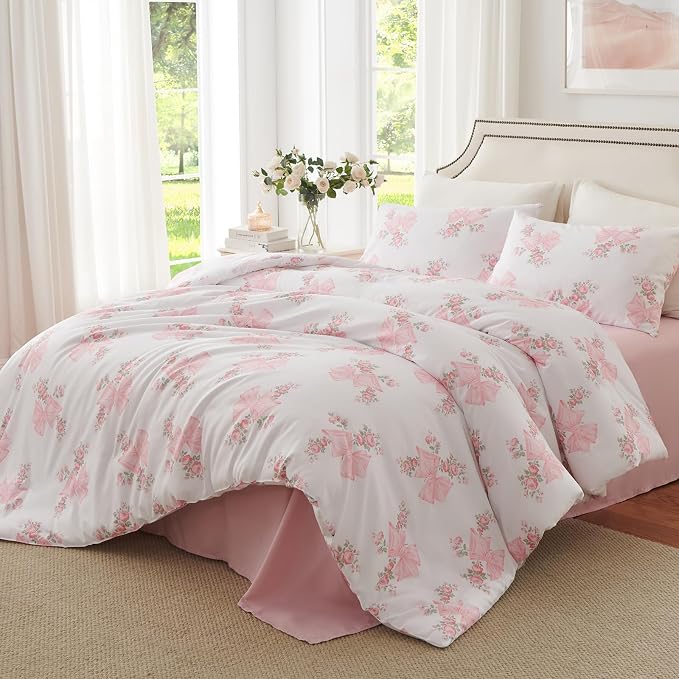 Nayoroom Pink Bow Duvet Cover Queen Size Coquette Pink Floral Duvet Cover 3 - Image 2