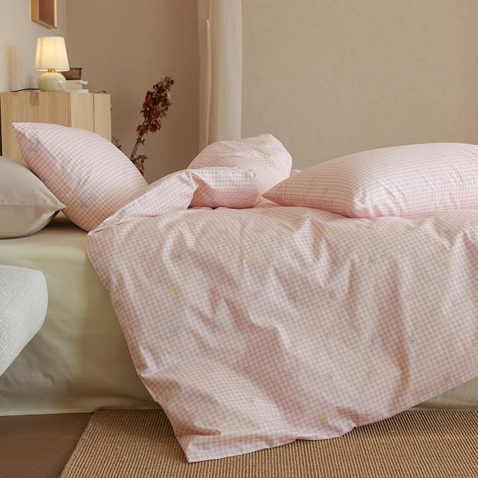 mixinni Gingham Duvet Cover King Size, 100% Cotton Light Pink and White Gingham - Image 2