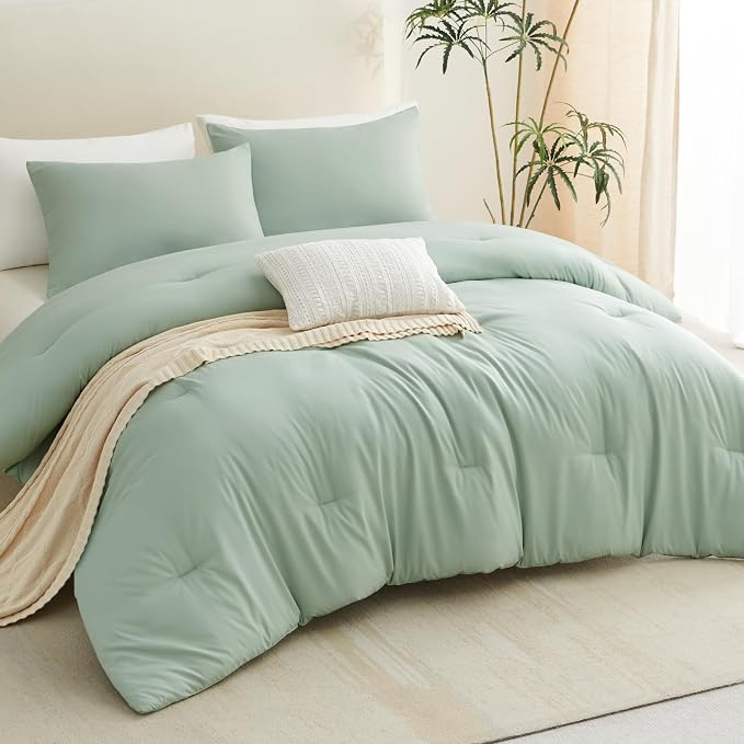 CozyLux King Size Comforter Set Sage Green, 3 Pieces Solid Comforters King Size - Image 8