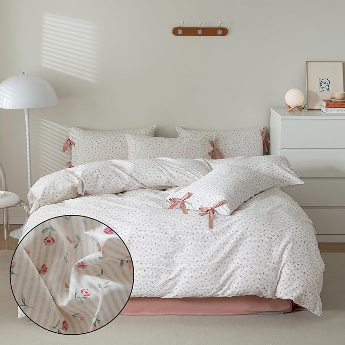 MKXI Cute Bow Tie & Pink Flower Stripes Duvet Cover Twin Size Cotton Bedding Set - Image 2