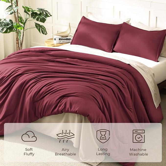 Litanika Burgundy Red Comforter Set Queen Size, 3 Pieces Lightweight Solid - Image 3