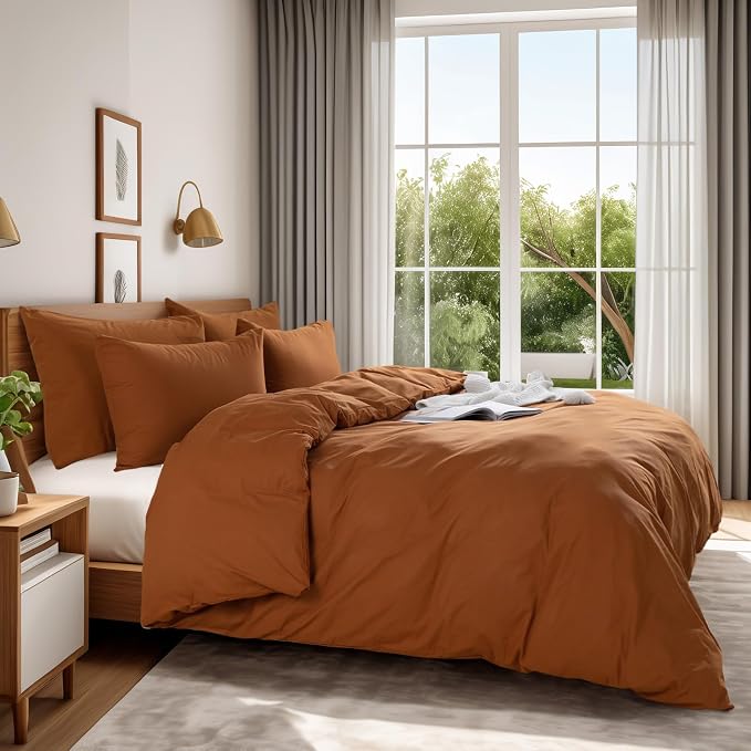 NEXHOME PRO Terracotta Burnt Orange Duvet Cover Set Queen Size Linen Textured - Image 3