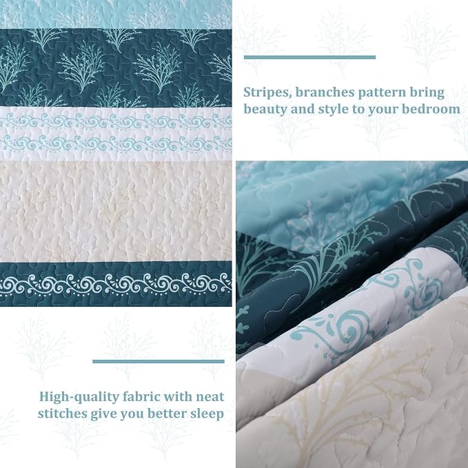 DJY Quilt Set Queen Size Light Blue Boho Striped Floral Bedspread Coverlet Set - Image 5