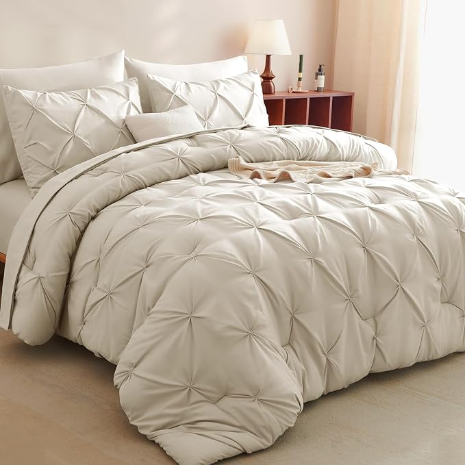 CozyLux Queen Comforter Set Oatmeal, 7 Pieces Pintuck Bed in A Bag, Premium by CozyLux