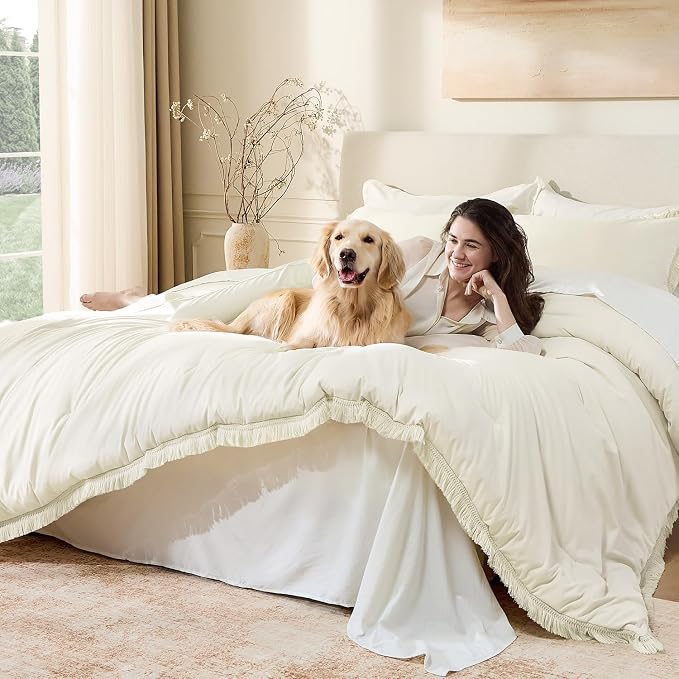 Andency Comforter Full Size Set Ivory, 3 Pieces Boho Ivory Lightweight Bedding - Image 3