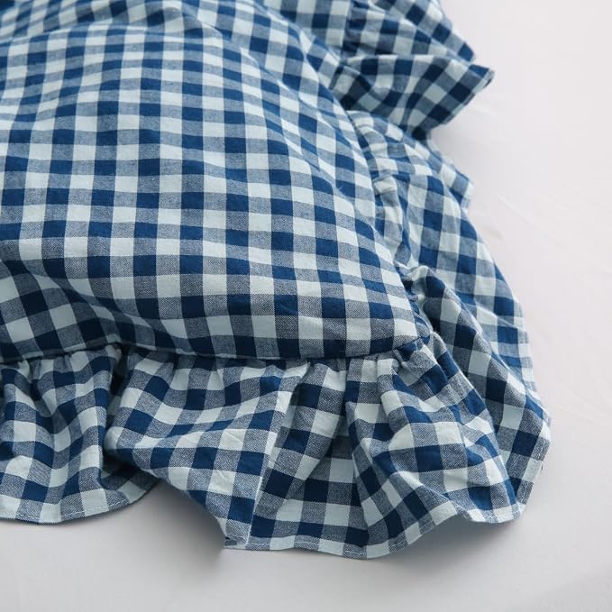 Silnuo Navy Blue/White Plaid Ruffle 3-Piece Duvet Cover Set Full Size, Washed - Image 6