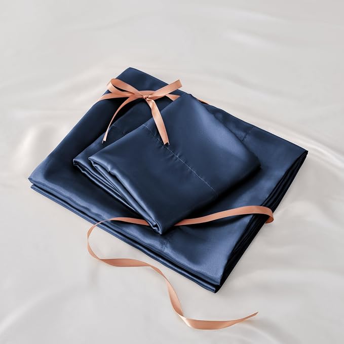 BEDELITE Satin Sheets Twin XL Size Bed Set, Luxury Soft Navy Silky Sheets - Image 7