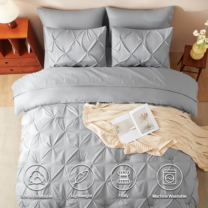 HIMEET Pintuck Bed in a Bag, 7 Pieces Queen Size Comforter Set Light Grey - Image 2