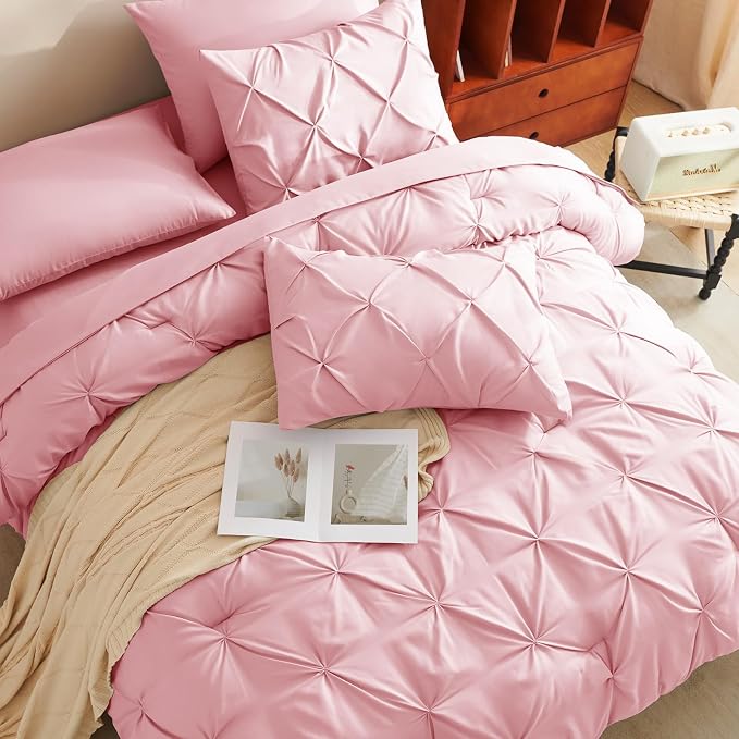 HIMEET Pintuck Bed in a Bag, 7 Pieces Full Size Comforter Set Pink, Luxury - Image 4