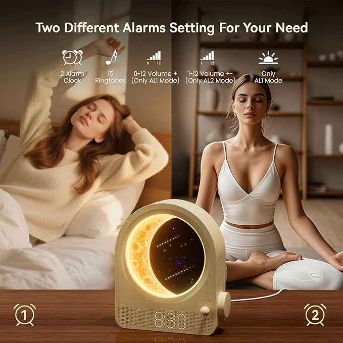 blonbar Sunrise Alarm Clocks for Bedrooms, Stepless Dimmable Moon Lamp Dual - Image 5