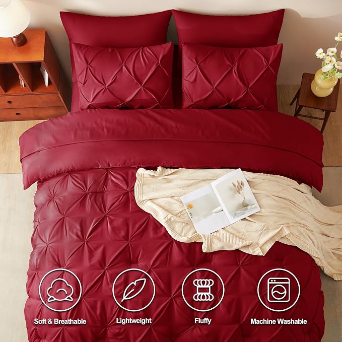 HIMEET Pintuck Bed in a Bag, 7 Pieces Queen Size Comforter Set Dark Red - Image 2