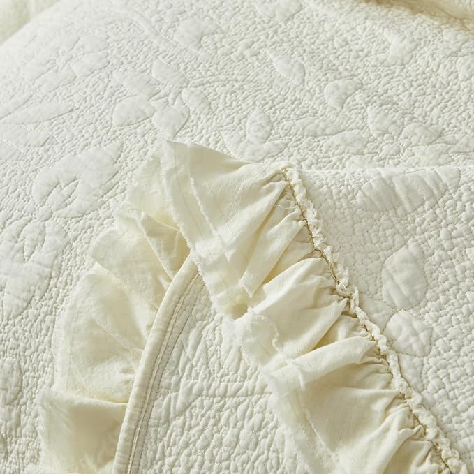 Brandream Cream Yellow White Quilt Set Queen Size Cotton Matelasse Bedding - Image 4
