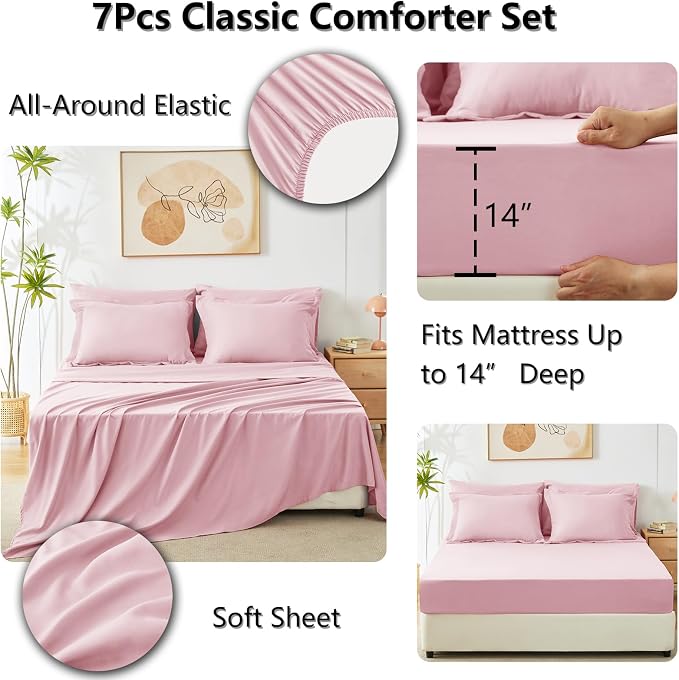 CozyLux Oversized King Comforter Set Pink, 7 Pieces Bed in a Bag Comforter Set - Image 5