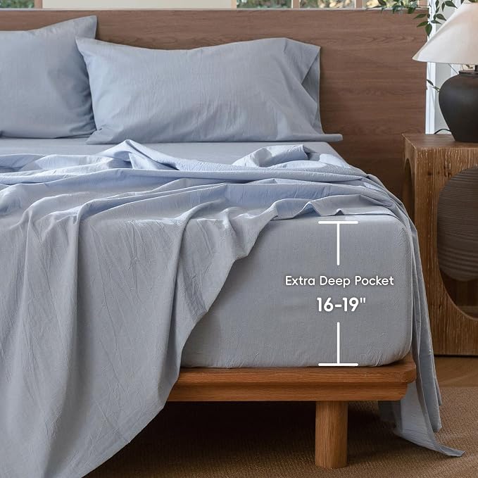MooMee Fitted Bottom Sheet Only 100% Washed Cotton Linen Like Textured - Image 2
