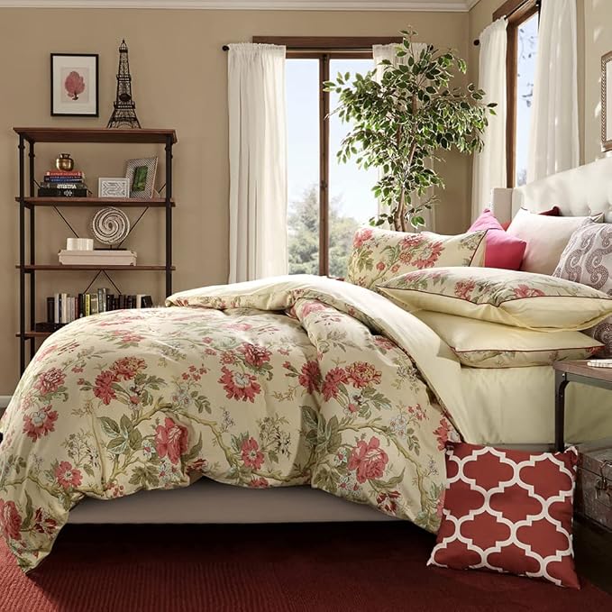 mixinni Red Floral Duvet Cover Queen Green Leaves Pattern Bedding Duvet Cover - Image 2