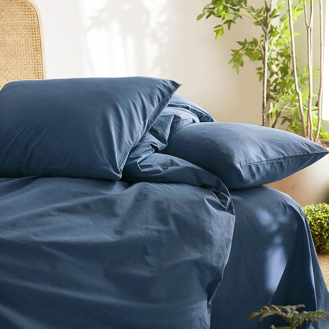 Wake In Cloud - Cotton Duvet Cover Set, Full Size, Dark Navy Blue, 100% Washed - Image 5