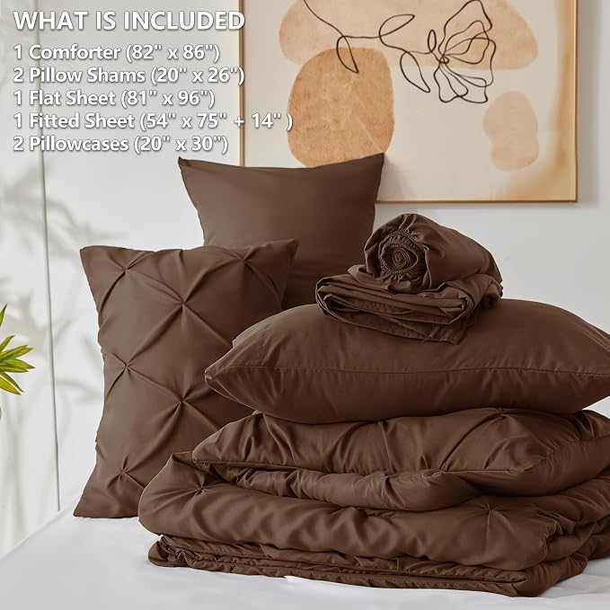CozyLux Full Size Comforter Sets Brown, 7 Pieces Pintuck Bed in A Bag Brown - Image 7