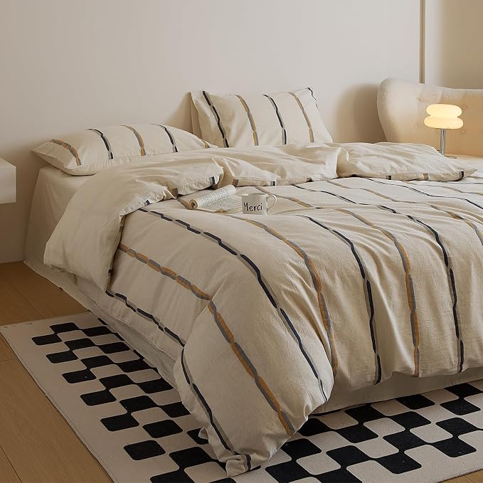 mixinni Cotton Linen Jacquard Duvet Cover Set Queen, 3-Piece Mid-Century Modern - Image 2