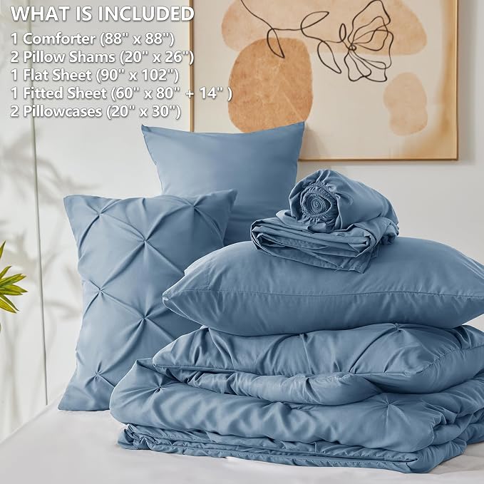 HIMEET Pintuck Bed in a Bag, 7 Pieces Queen Size Comforter Set Grayish Blue - Image 8