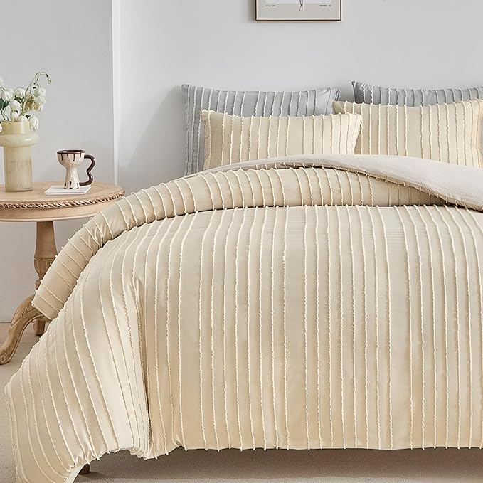 WARMDERN Khaki Boho Duvet Cover Set Full Size, Striped Textured Tufted Bedding - Image 8