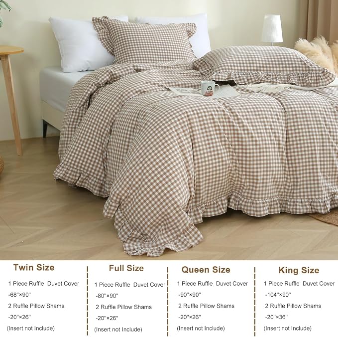 Silnuo Taupe/White Plaid Ruffle Duvet Cover Twin Size, 100% Washed Cotton 3 Pcs - Image 4