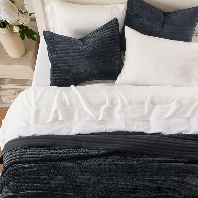EVERGRACE Velvet Quilt Set Queen Size, Luxurious Soft Striped Channel Bedding - Image 3