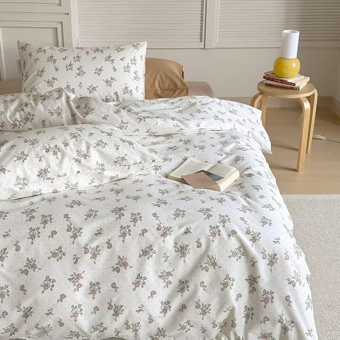 MKXI Garden Floral Duvet Cover Peach Blossom Aesthetic Bedding White Print by MKXI
