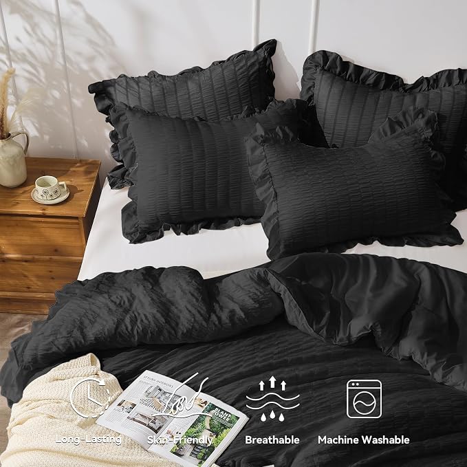 JOLLYVOGUE Black Twin Size Comforter Set, 2 Pieces Seersucker Lightweight - Image 3