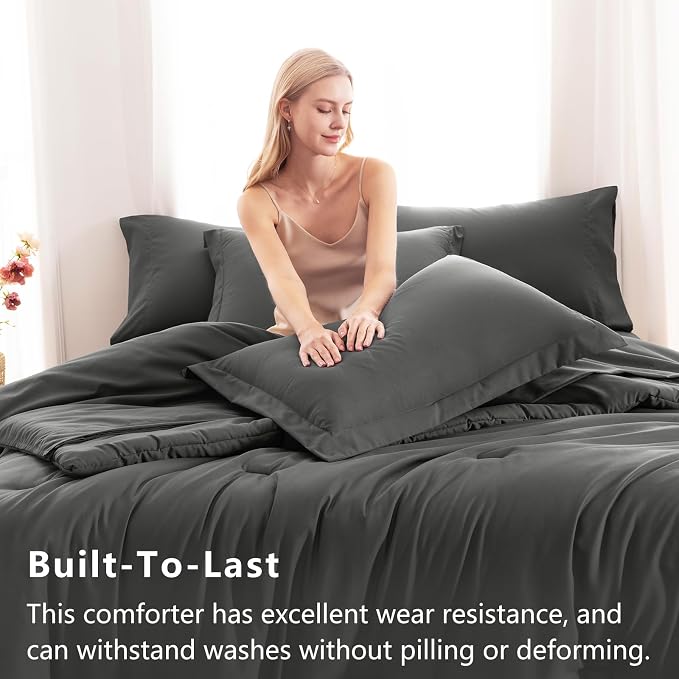 CozyLux Queen Comforter Set Dark Grey, 7 Pieces Bed in a Bag Queen Comforter Set - Image 3