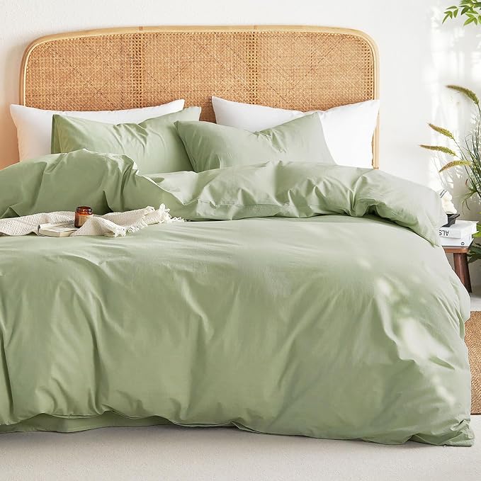 Wake In Cloud - Cotton Duvet Cover Set, King Size, Sage Green, 100% Washed by WakeInCloud