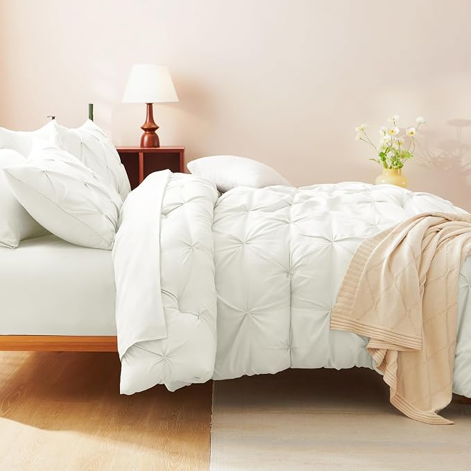 HIMEET Pintuck Bed in a Bag, 7 Pieces Queen Size Comforter Set Ivory, Luxury - Image 7