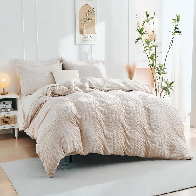 HYMOKEGE Beige Twin Size Duvet Cover, Ultra Soft 2-Piece Seersucker Duvet Cover - Image 3