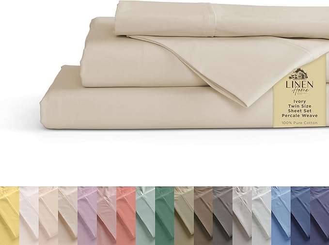 Linen Home 100% Cotton Percale Sheets Twin Size, Deep Pocket, 3 Pieces Set by LINENHOME