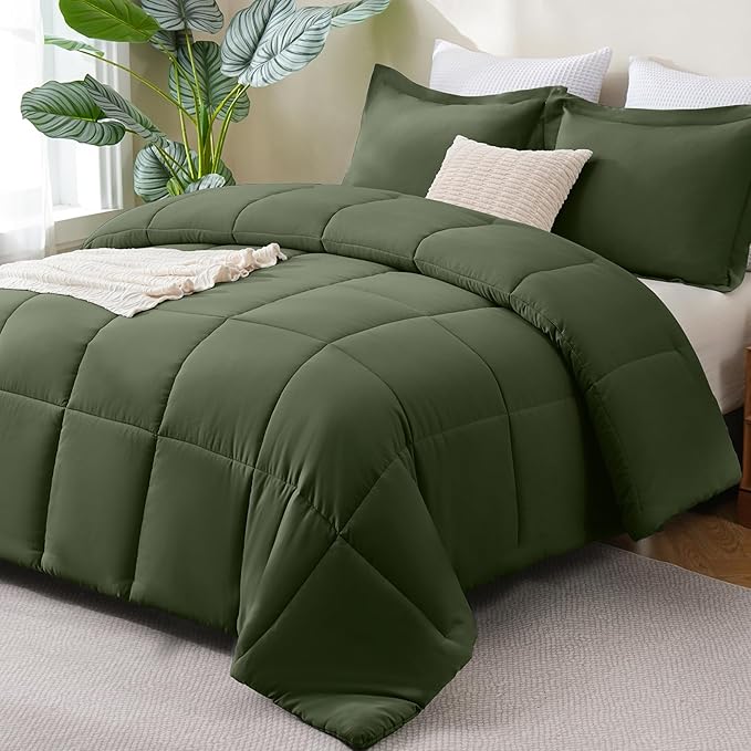 CozyLux Oversized King Comforter Set, 3 Pieces Olive Green 120x98 Box Stitched by CozyLux