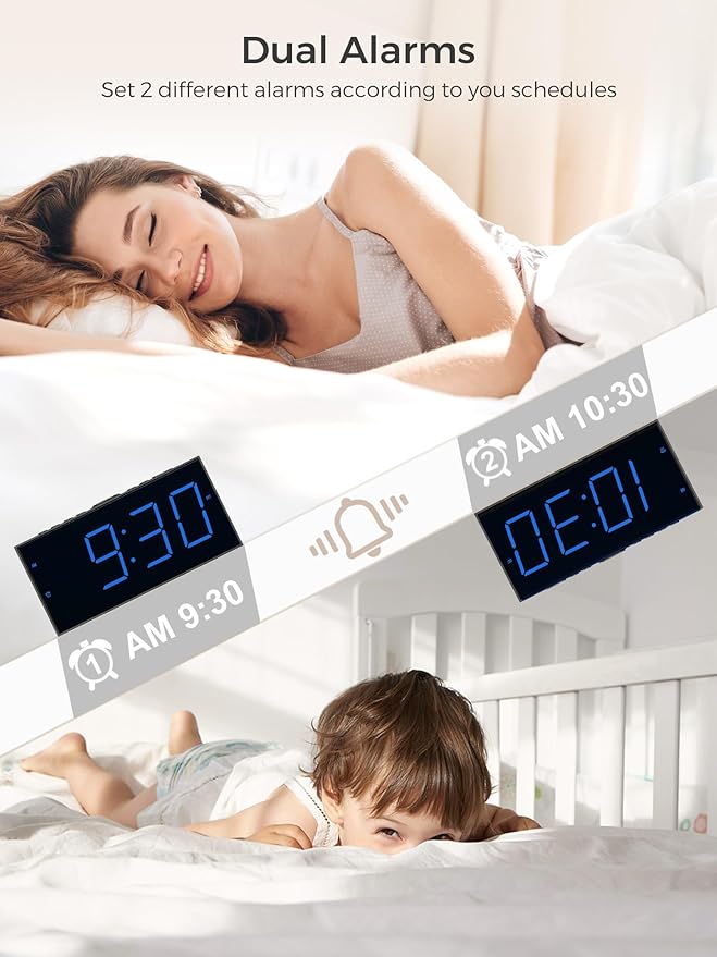 Large Display Alarm Clock for Bedroom, Dual Alarm for Couples, 5-Level Dimmer - Image 3