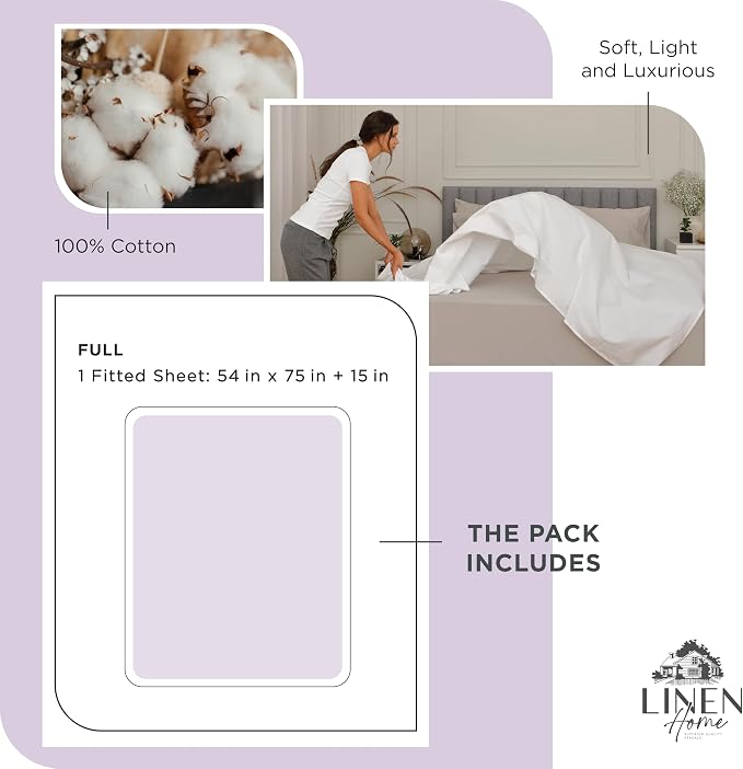 Linen Home 100% Cotton Percale Weave Fitted Sheet, Full Size, Iris Lilac - Image 6