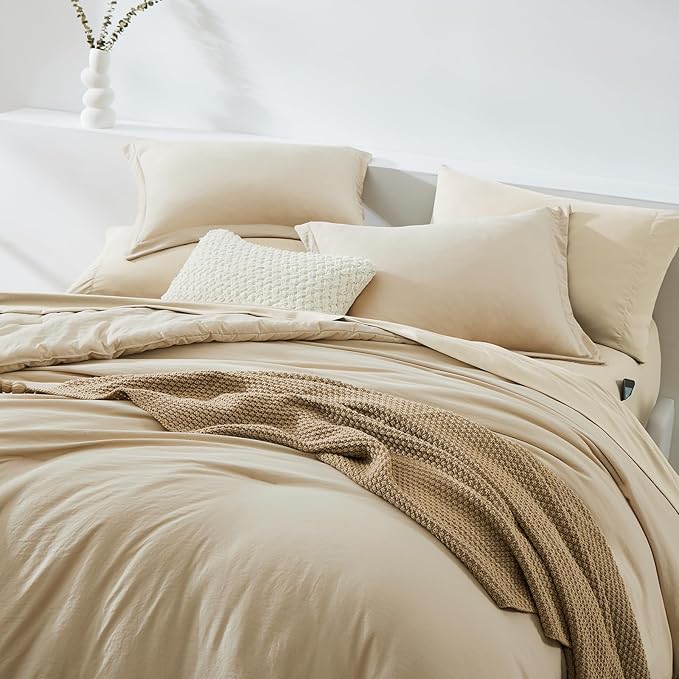 WRENSONGE King Size Comforter Set, 7 Pieces Beige Soft Bed in a Bag King - Image 3