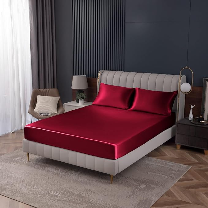 Homiest Burgundy Satin Fitted Sheet King Size, Deep Pocket, Luxury & Ultra Soft by Homiest