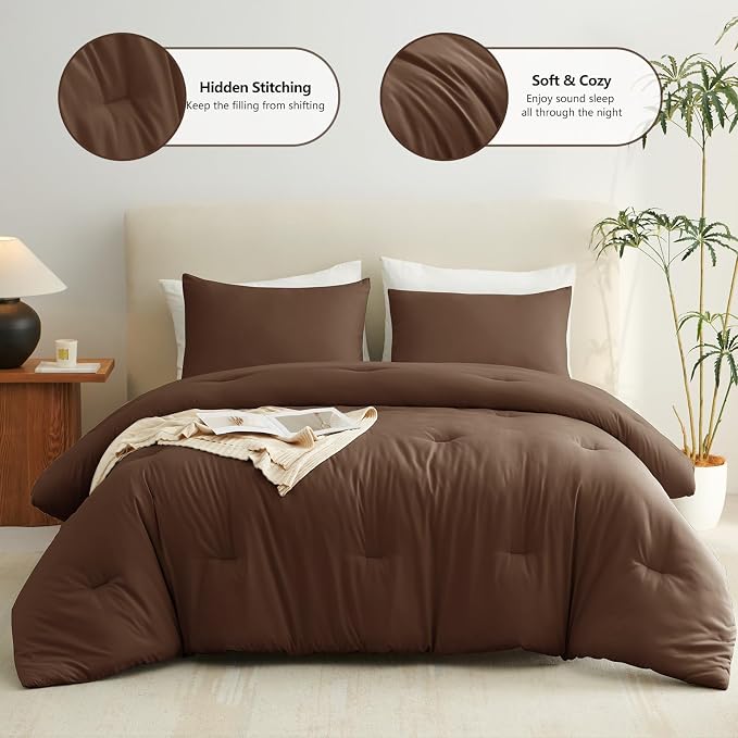 CozyLux Oversized King Comforter Set Brown, 3 Pieces 120x98 Solid Breathable - Image 2